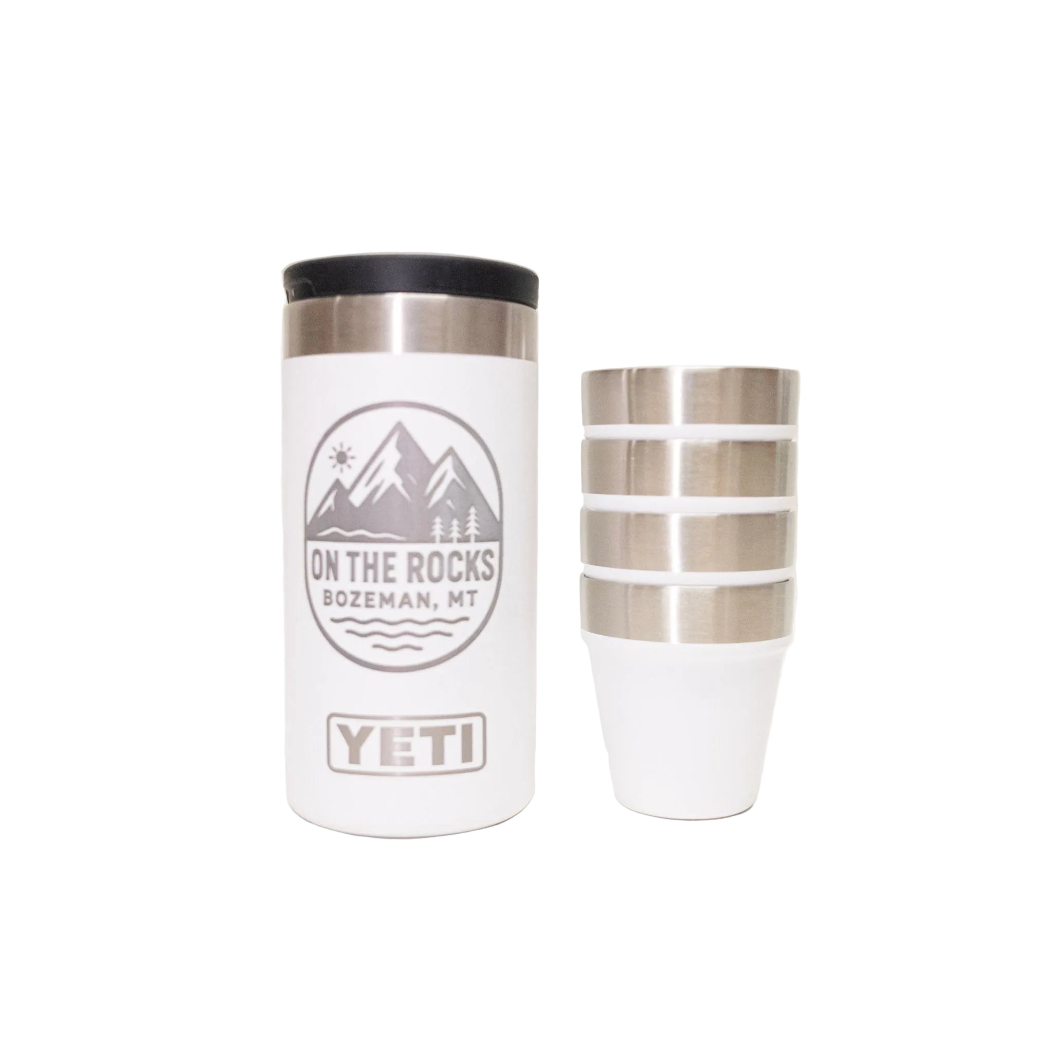 White YETI tumbler with mountain logo on a white background