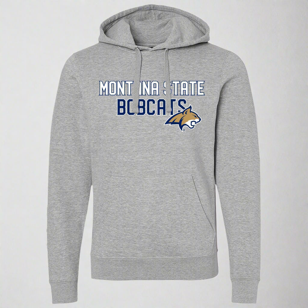 Gray hoodie with 'Montana State Bobcats' text and logo on a white background
