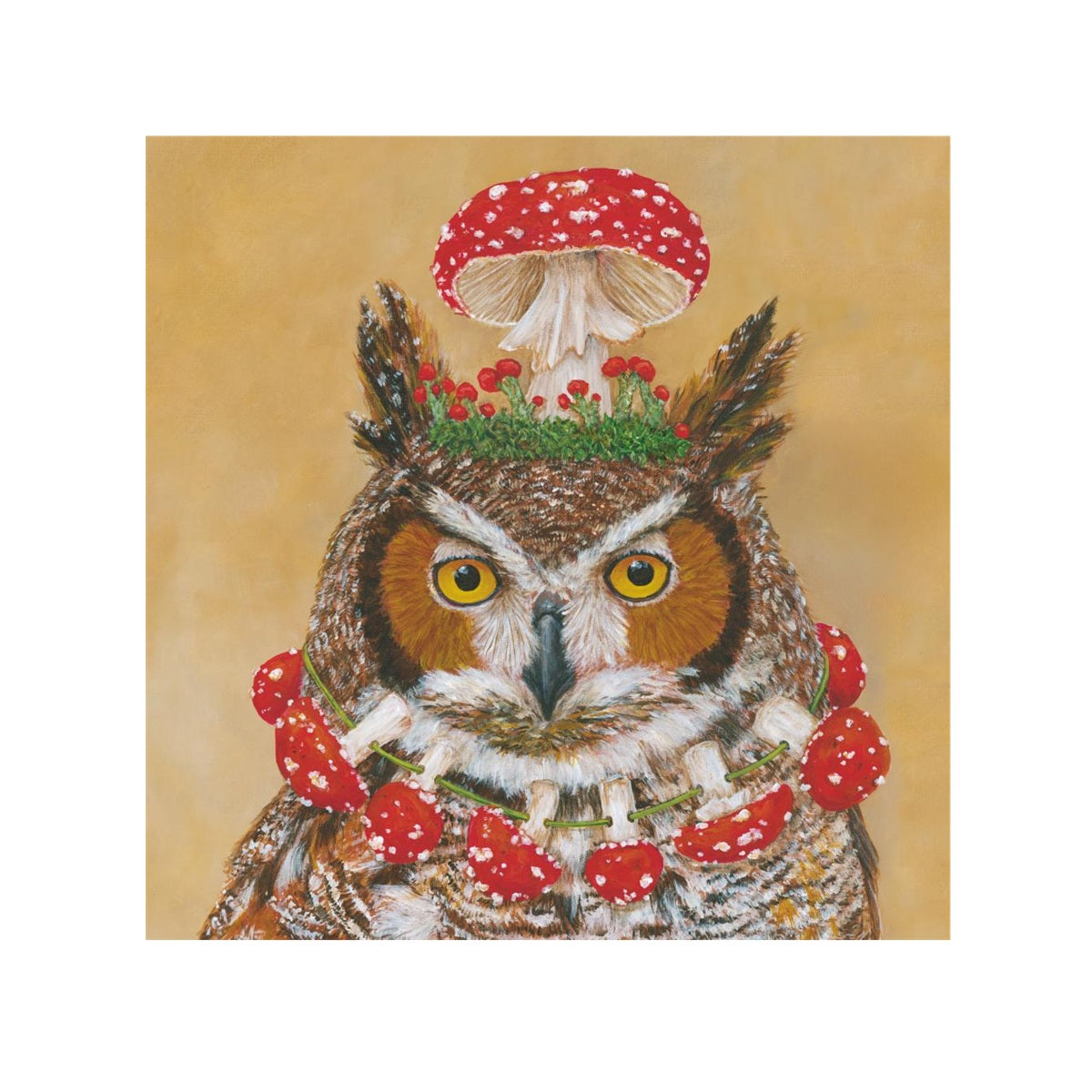 An owl on a gold background with a mushroom and berry crown and a mushroom necklace. Playful artwork on a set of napkins.