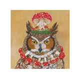 An owl on a gold background with a mushroom and berry crown and a mushroom necklace. Playful artwork on a set of napkins.