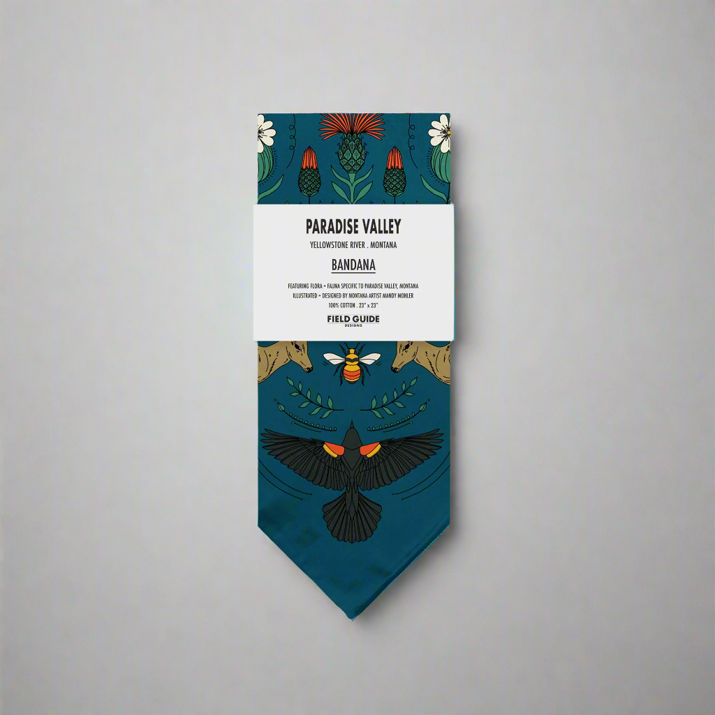 Paradise Valley bandana with bird design on a white background