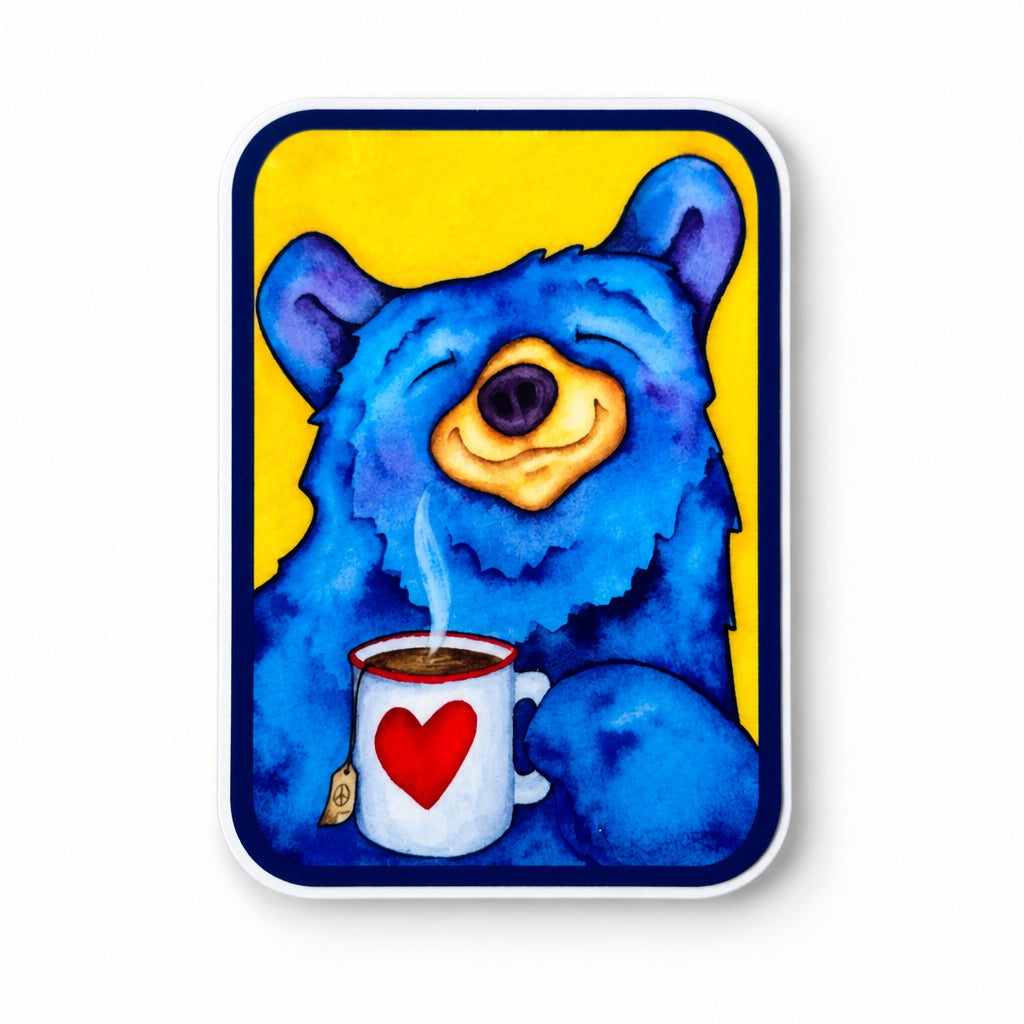 A rectangular sticker with rounded corners featuring a watercolor-style blue bear holding a white mug with a red heart, set against a bright yellow background. The sticker is shown on a white surface.