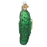 Green glass pickle ornament on a white background