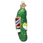 Decorative pickle ornament with a face on a white background