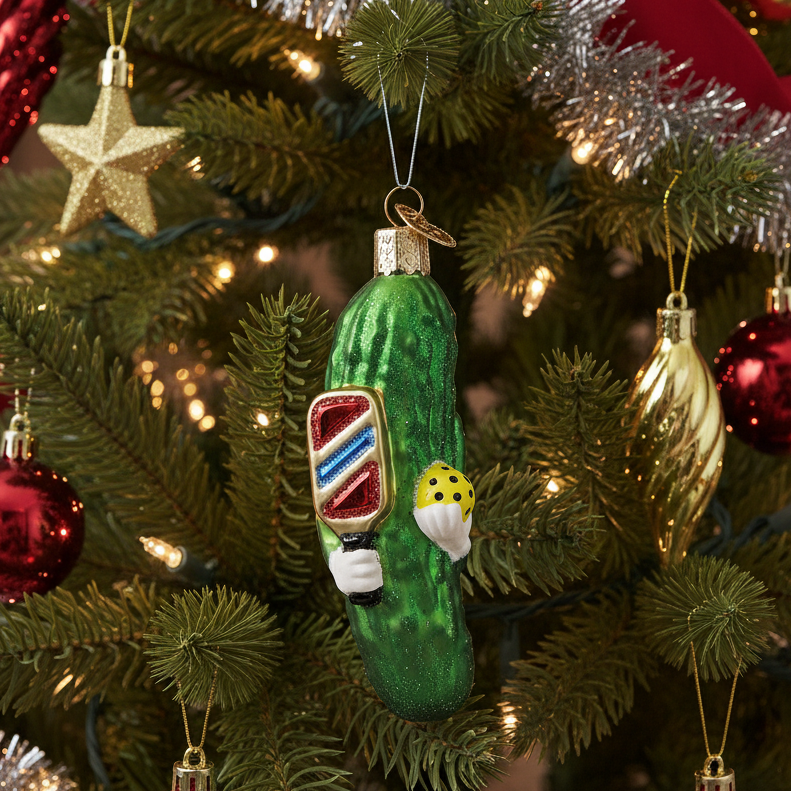 Decorative pickle ornament with a pickleball paddle design on a Christmas tree.