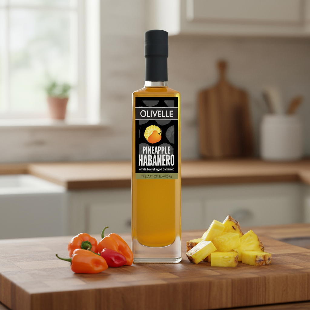 Bottle of Olivelle Pineapple Habanero agave nectar on a kitchen counter with pineapple and habanero peppers.