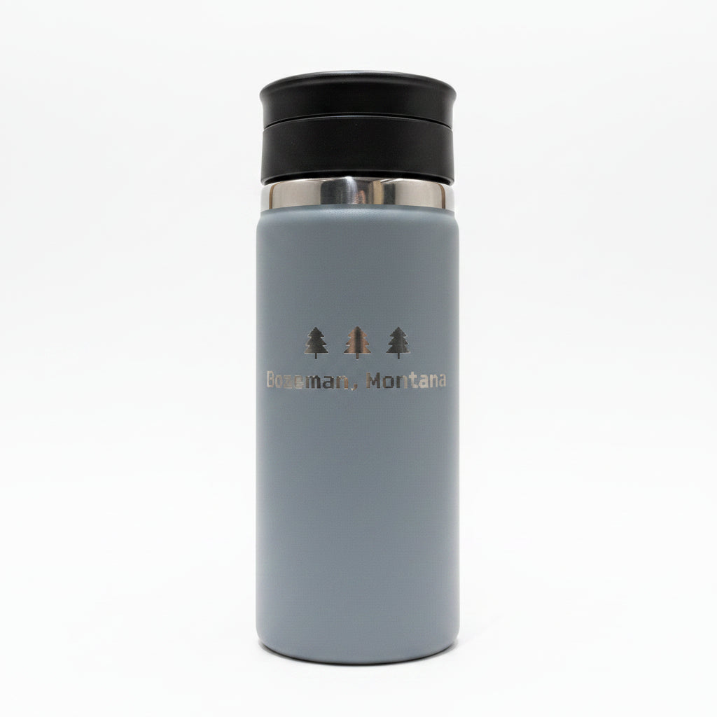 Pixel Bozeman with Trees 16 oz Shale Gray Wide Mouth Flex Tumbler with Sip Lid by Hydro Flask