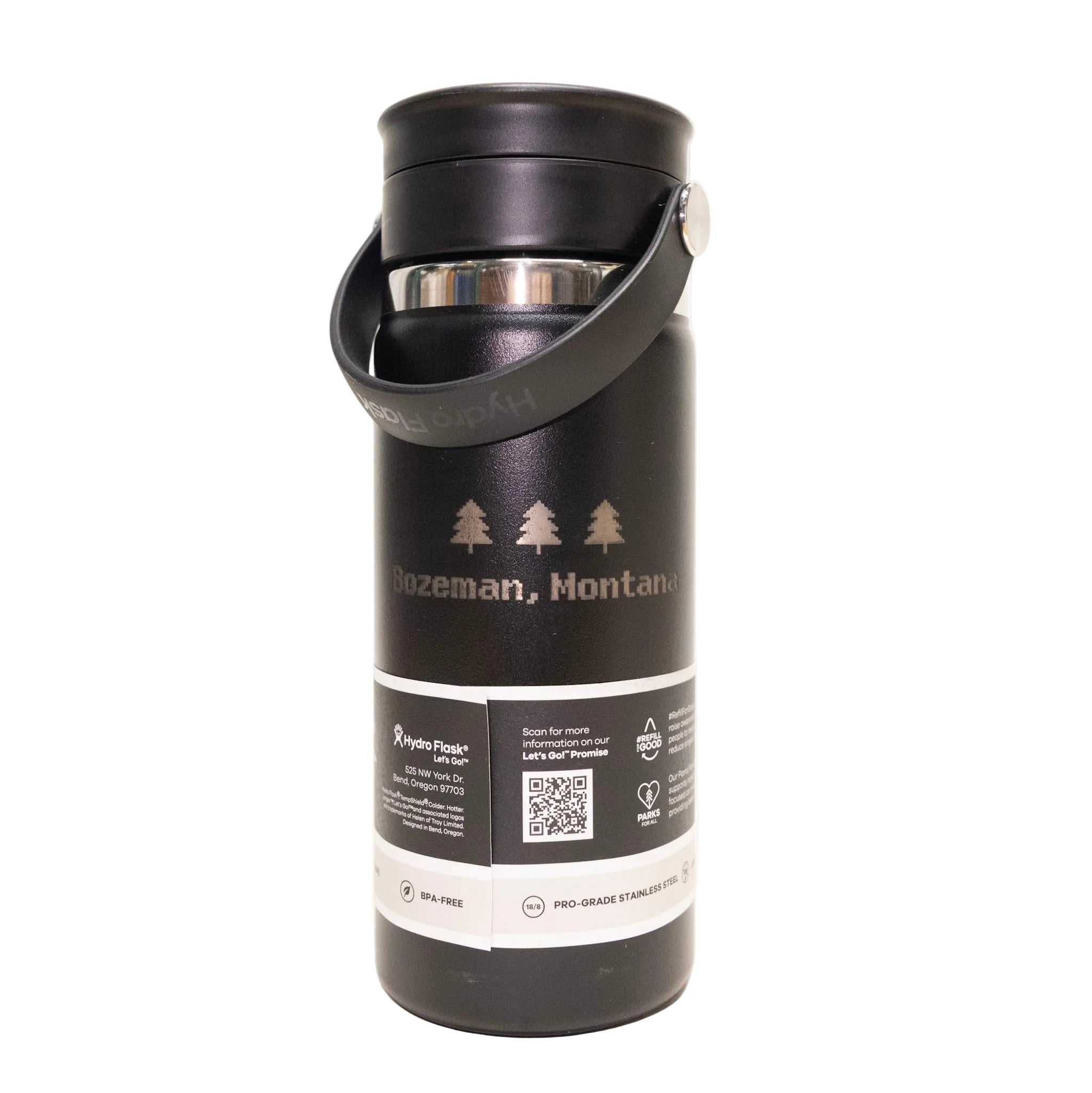 Black insulated bottle with 'Bozeman, Montana' branding on a white background