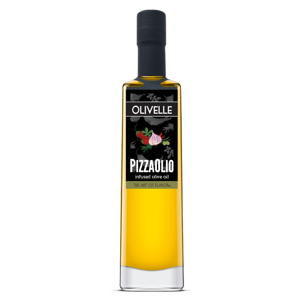 Bottle of Olivelle Pizzailolo infused olive oil on a white background