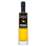 Bottle of Olivelle Pizzailolo infused olive oil on a white background