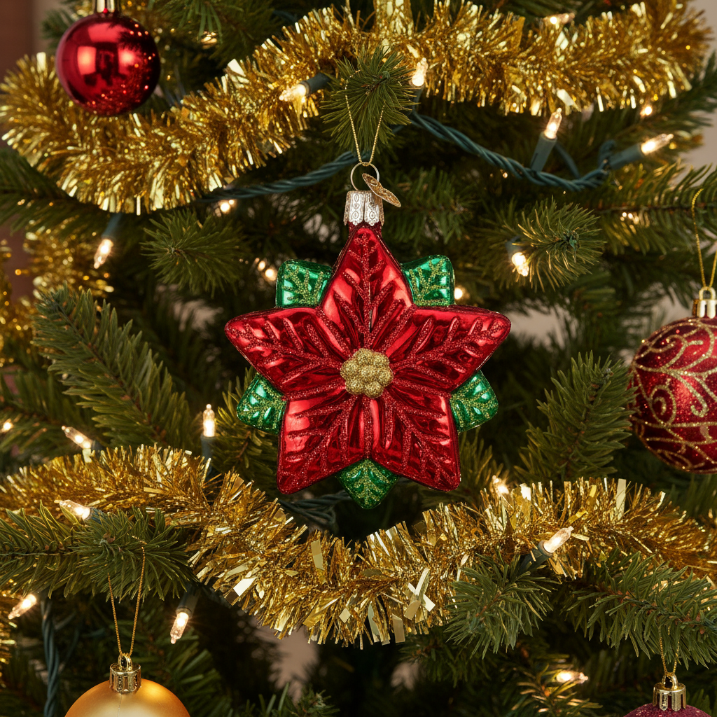 Red star-shaped Christmas ornament on a decorated tree with gold tinsel and lights.