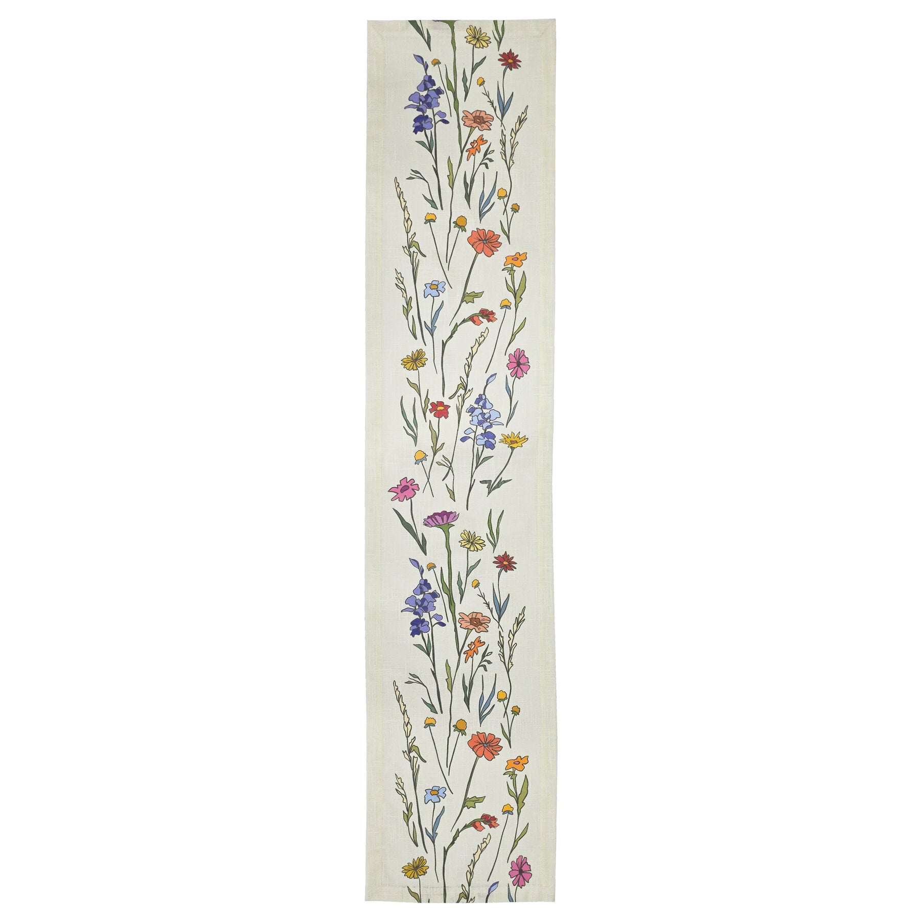 A long, narrow cream-colored runner rug featuring a vertical botanical pattern of wildflowers in blue, purple, pink, orange, and yellow on a white background.
