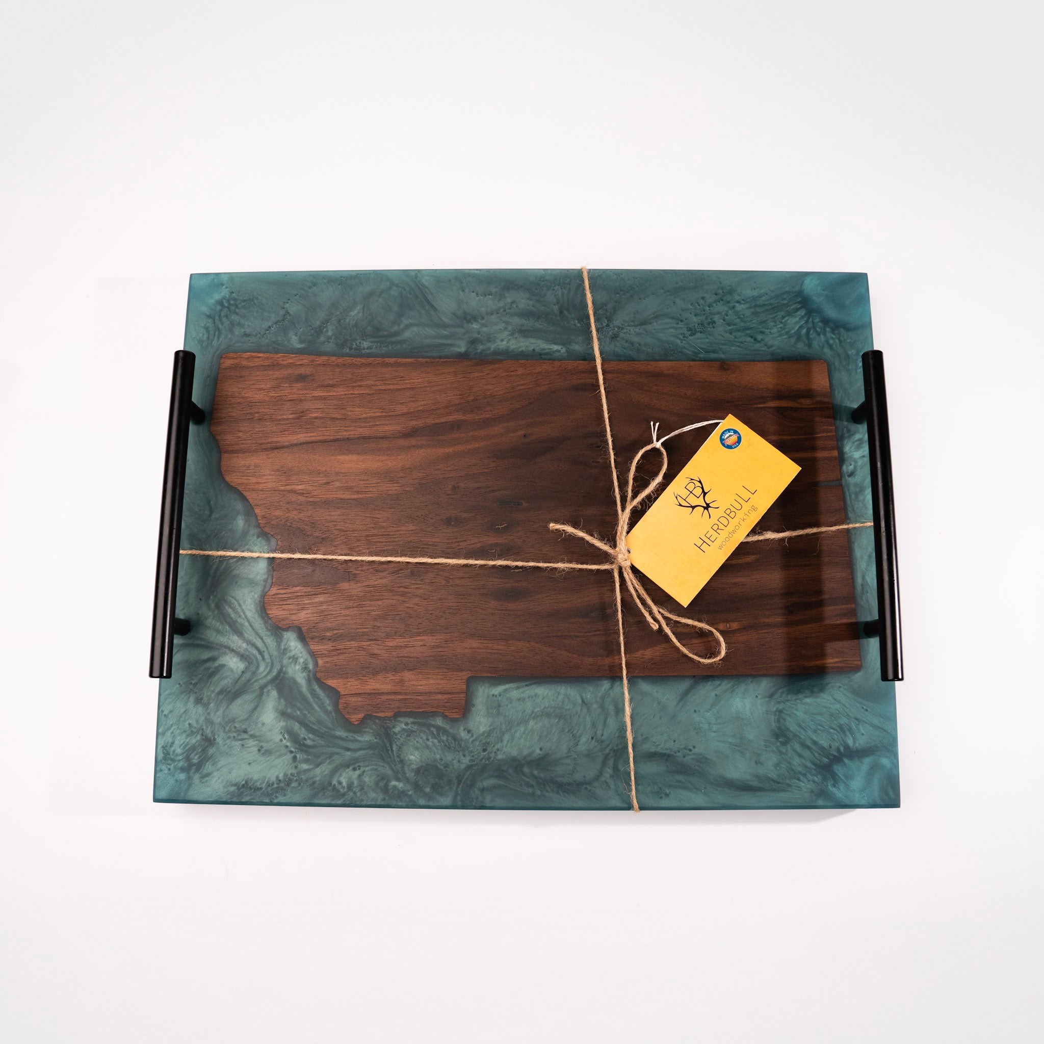 Burl Wood Montana Shape Epoxy Tray by Herdbull Woodworking