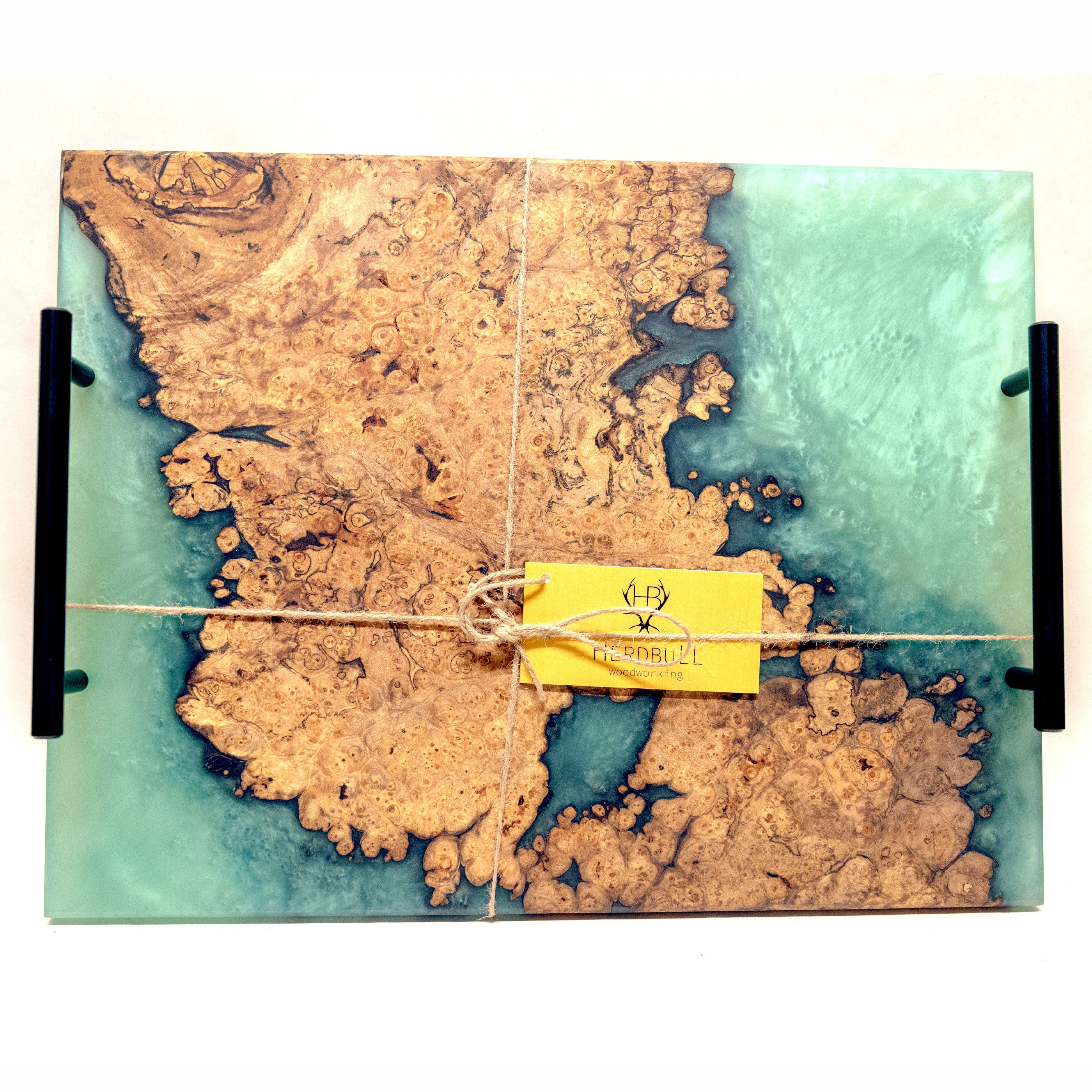 Premium Hardwood and Burl Mica Epoxy Tray - teal