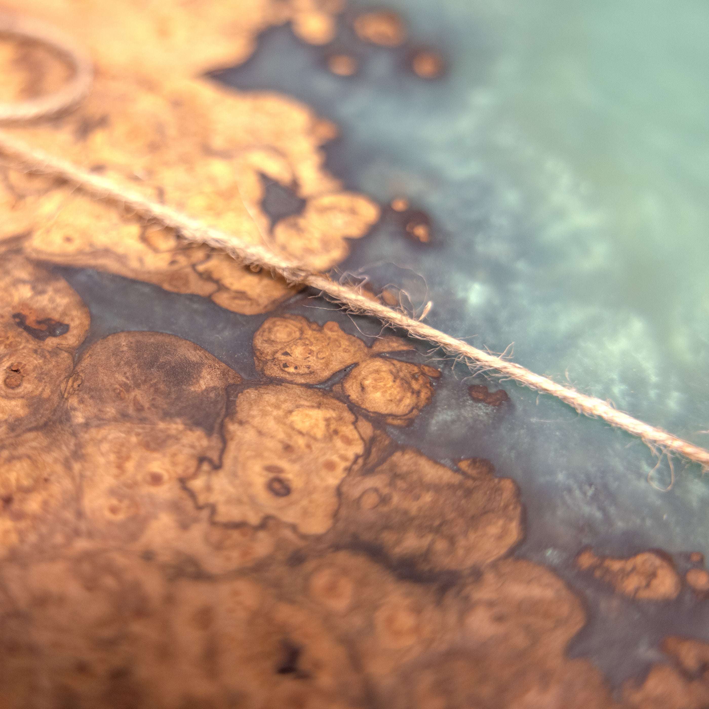 Premium Hardwood and Burl Mica Epoxy Tray - teal - close up