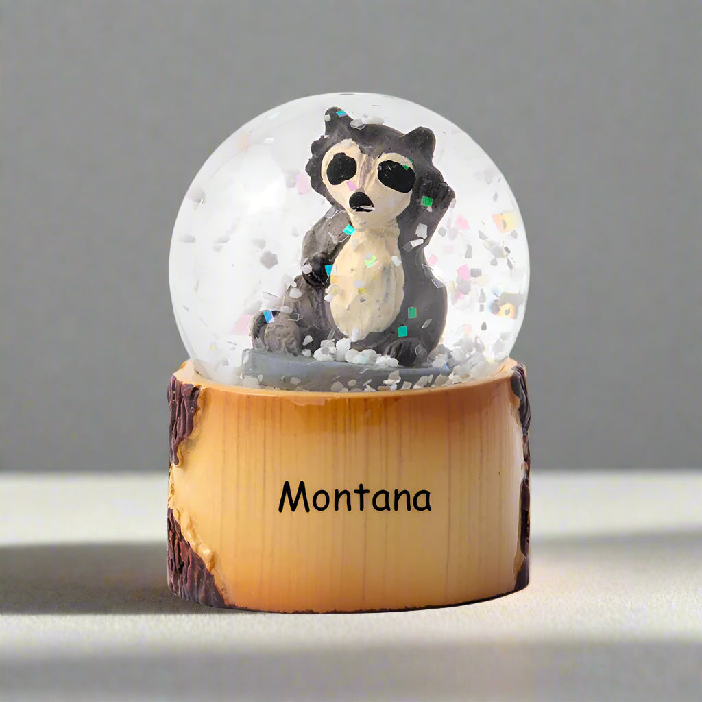 Snow globe with a raccoon figurine on a wooden base labeled 'Montana' against a white background