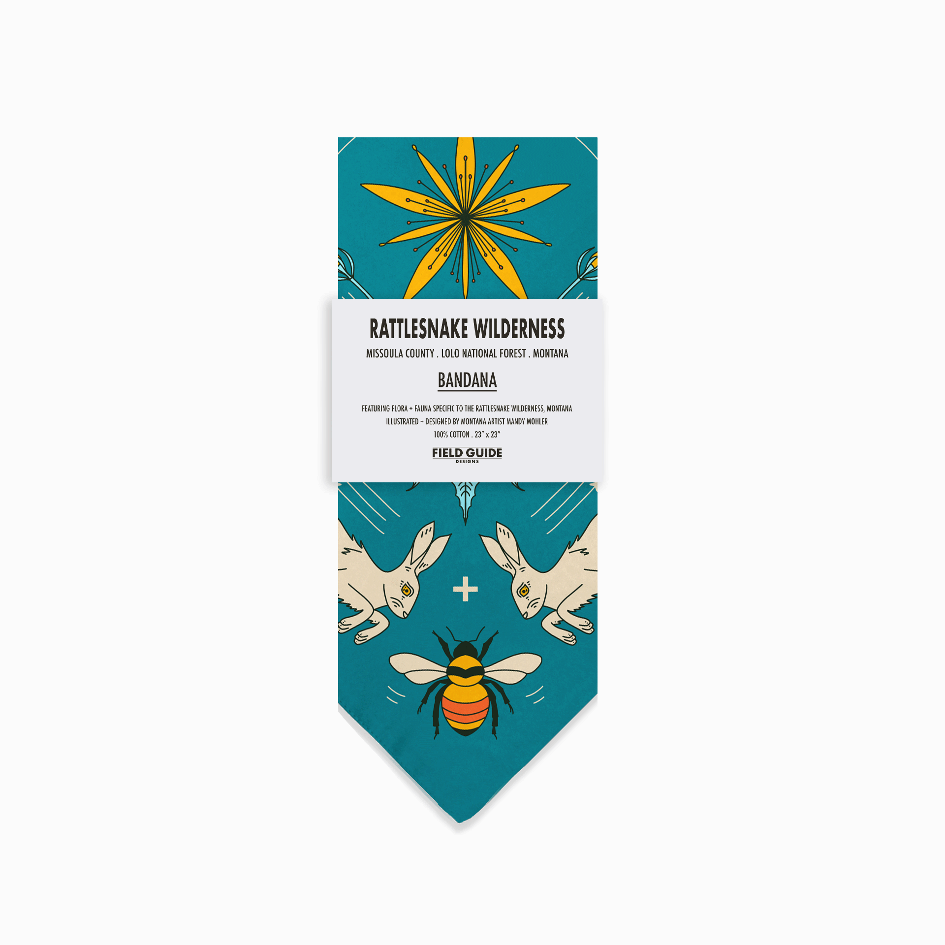 Rattlesnake Wilderness bandana packaging with illustrations on a white background