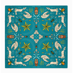 Decorative pattern with animals, flowers, and geometric shapes on a blue background