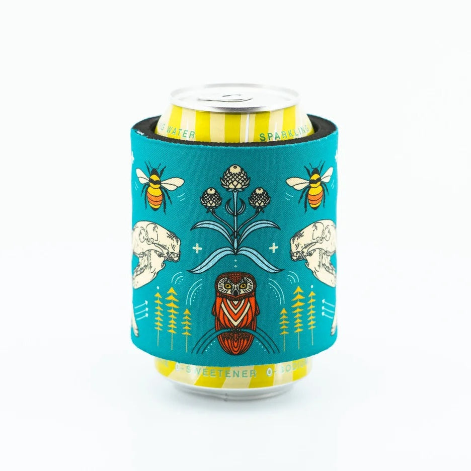 Can with a decorative blue sleeve featuring illustrations of animals and plants on a white background.