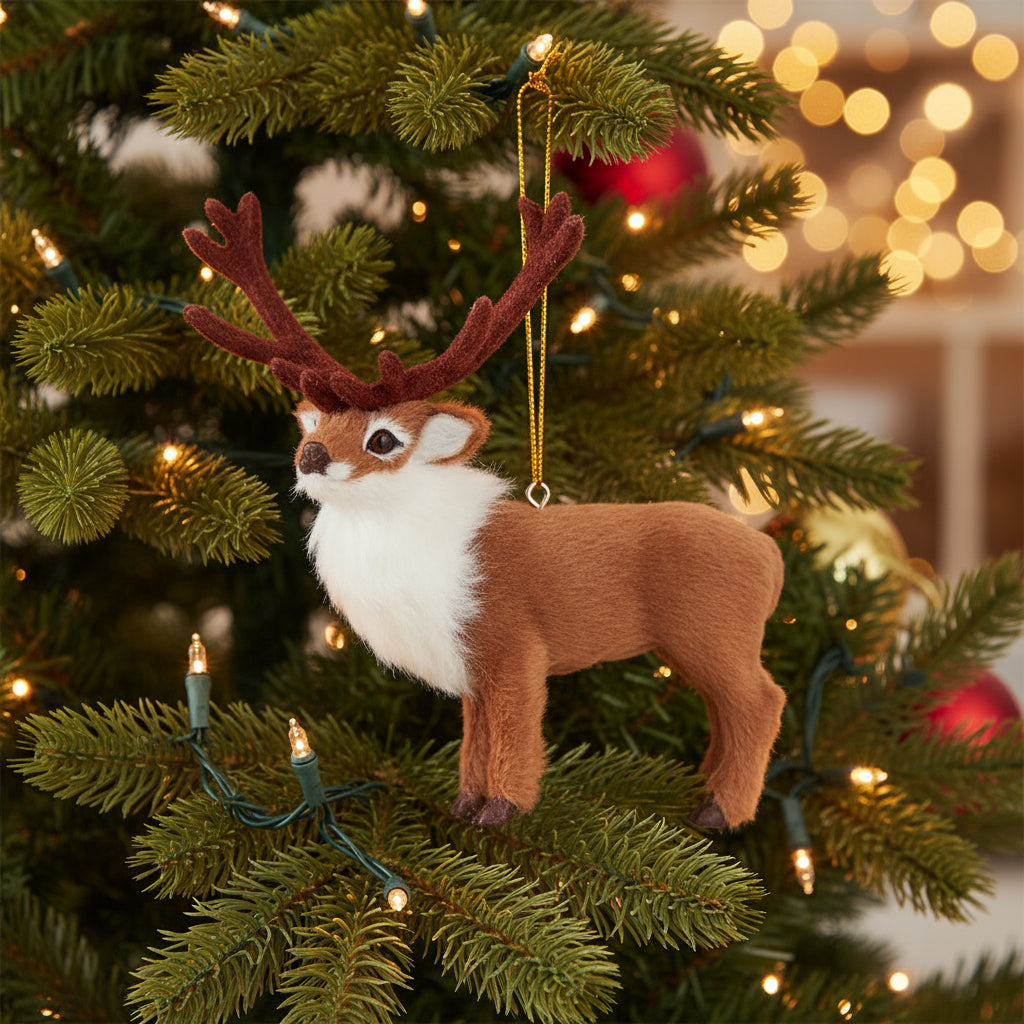 Plush reindeer ornament with brown antlers on a white background