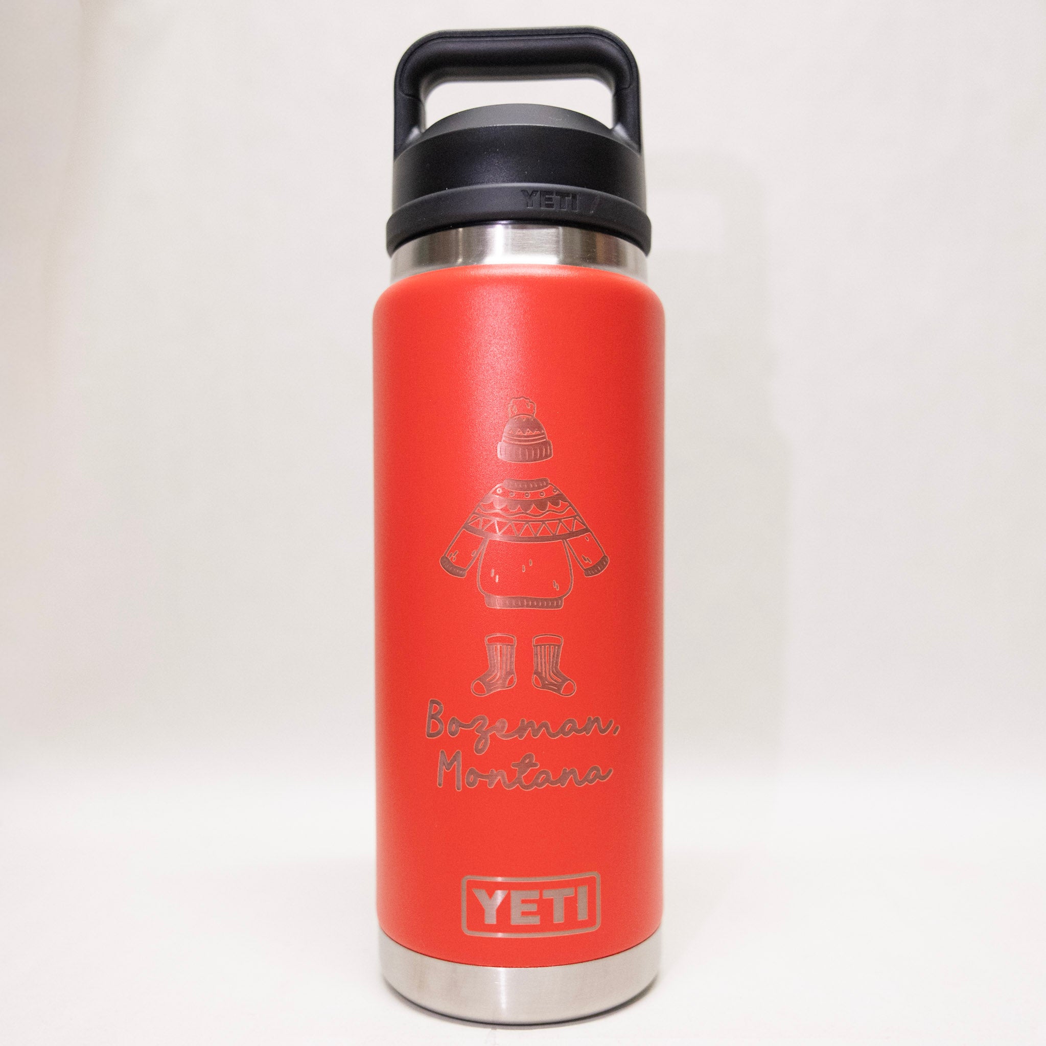 Winter Clothes Vertical Engraved YETI Rambler 26 oz Bottle with Chug Cap by Montana Gift Corral