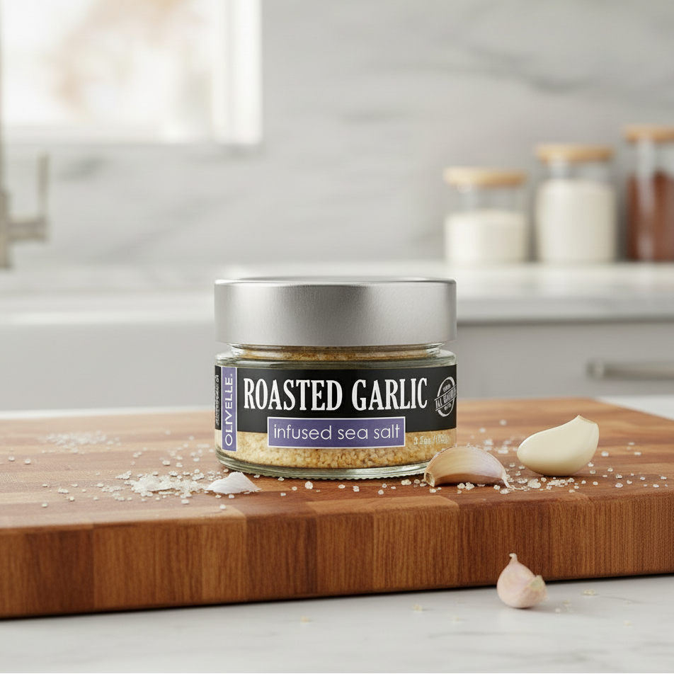 Jar of roasted garlic infused sea salt on a wooden cutting board with garlic cloves in a kitchen setting.