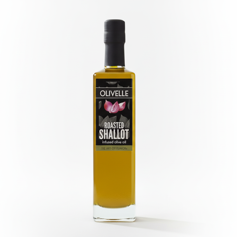 Bottle of Olivelle roasted shallot infused olive oil on a kitchen counter with shallots.