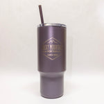 Gray tumbler with a logo on a white background