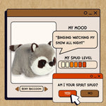 A stylized digital product graphic showing a plush raccoon toy inside a retro computer-window layout. The raccoon is gray with a white face and dark brown ears/eyes.
