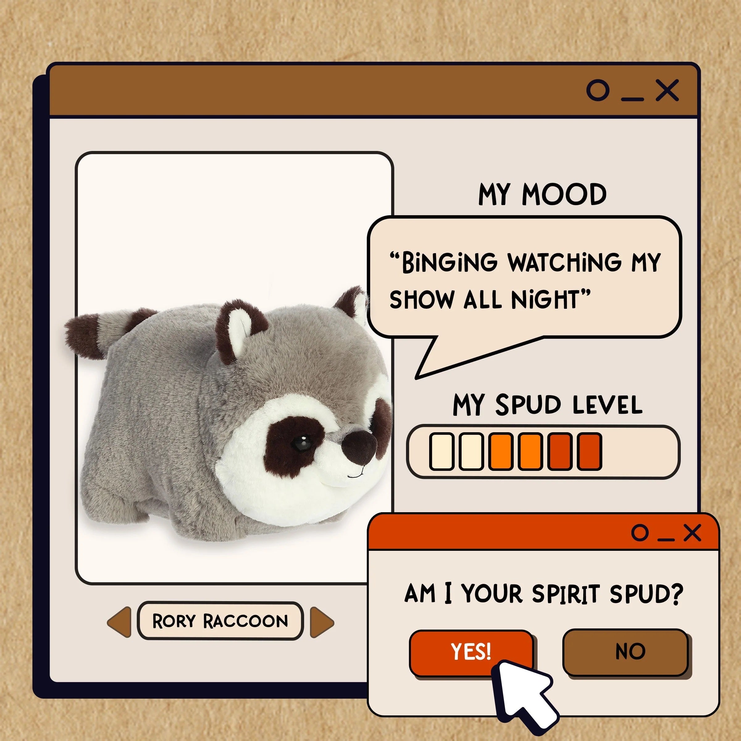 A stylized digital product graphic showing a plush raccoon toy inside a retro computer-window layout. The raccoon is gray with a white face and dark brown ears/eyes.