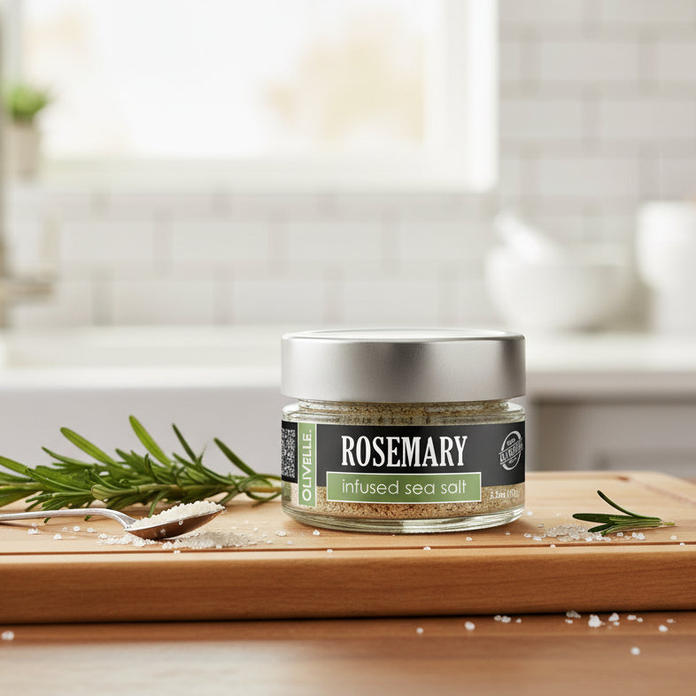 Jar of rosemary infused sea salt with a visible brand label on a white background