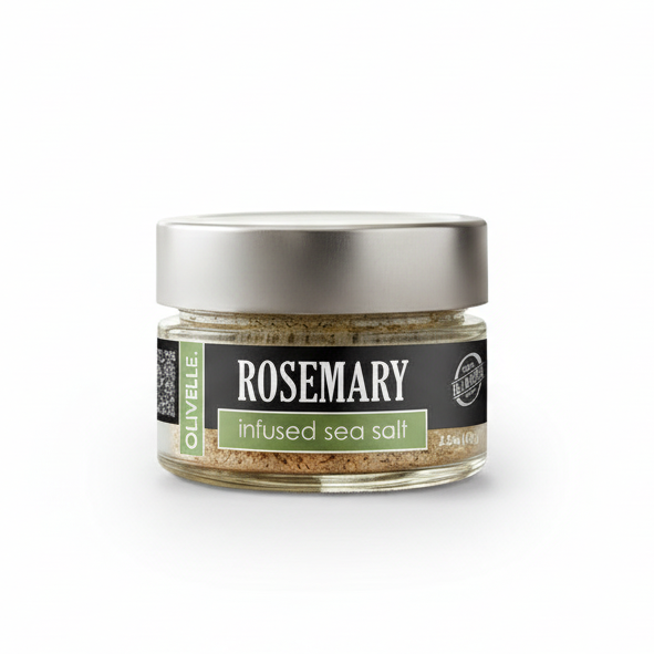 Jar of rosemary-infused sea salt on a white background