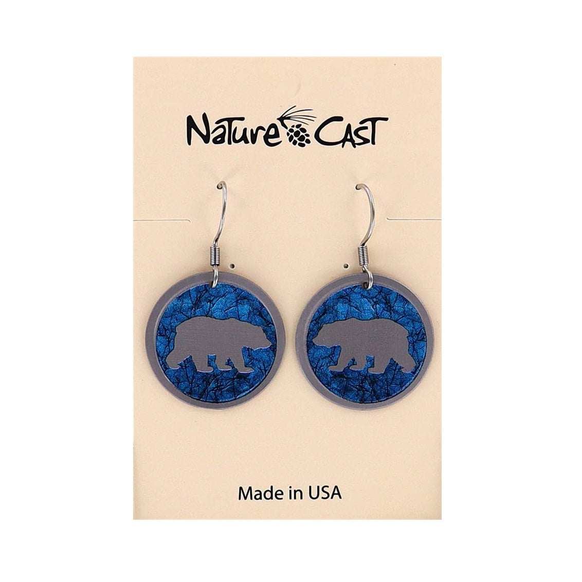 Pair of bear-shaped earrings on a 'Nature Cast' branded card with 'Made in USA' text.