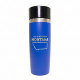 Blue tumbler with 'Better in Montana' text on a white background