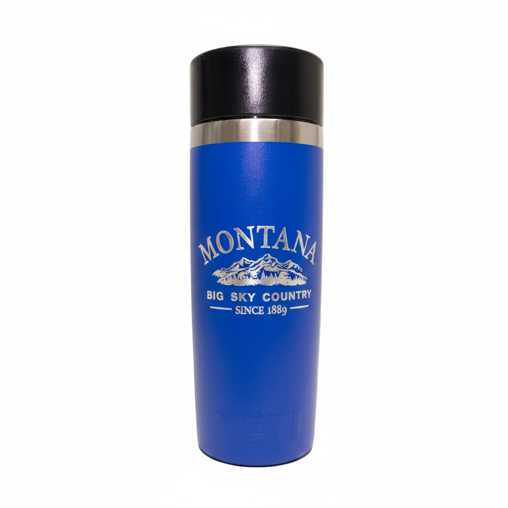 Blue insulated mug with black lid on a white background
