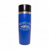 Blue insulated mug with black lid on a white background