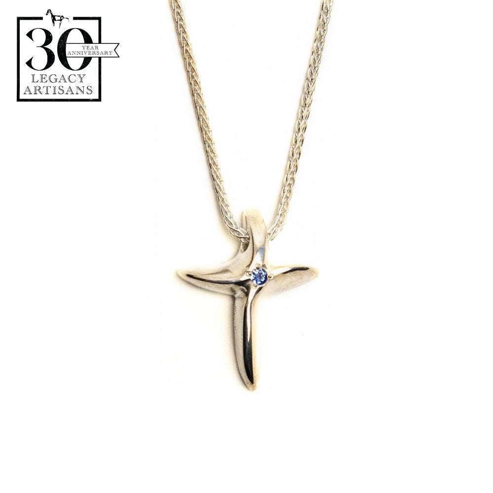 Silver Cross with Yogo Sapphire Pendant Necklace by Sam Ferraro