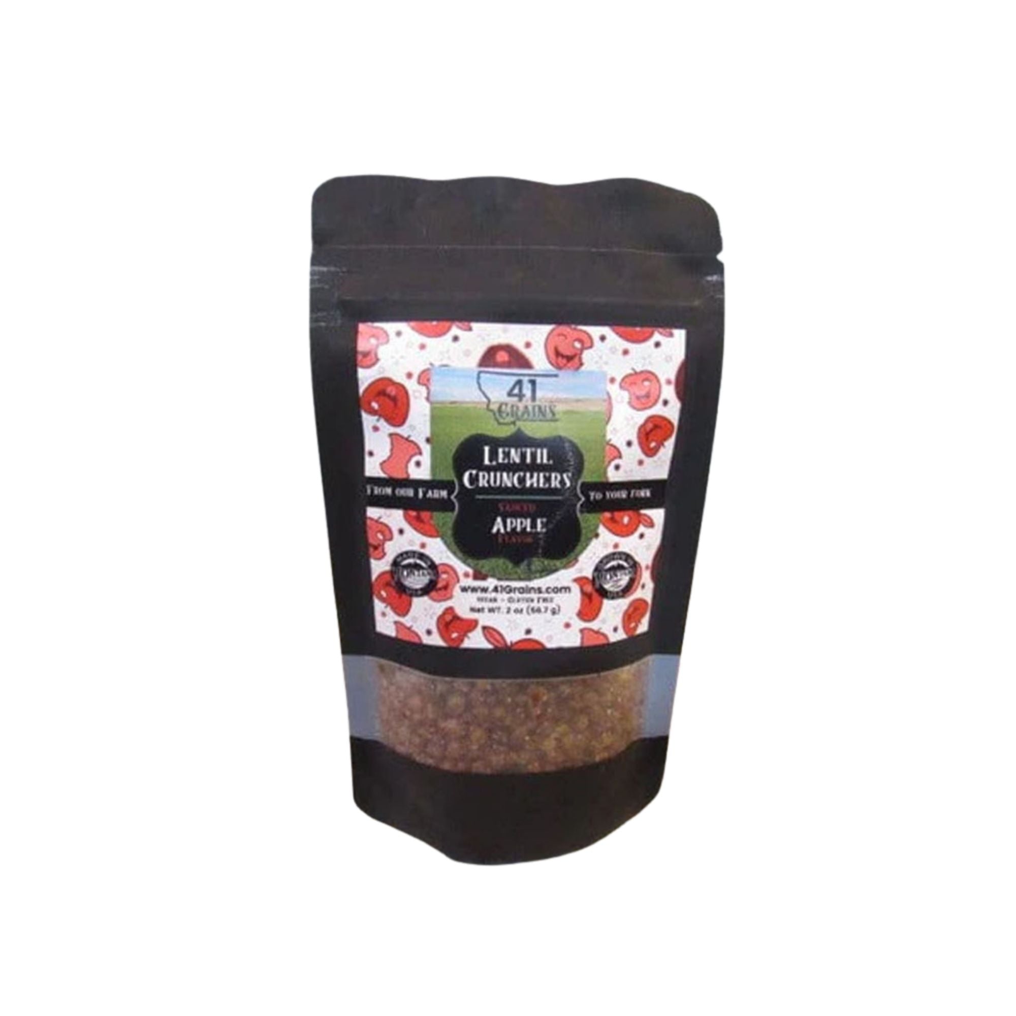 Black resealable bag of lentil crunchers with a colorful label on a white background