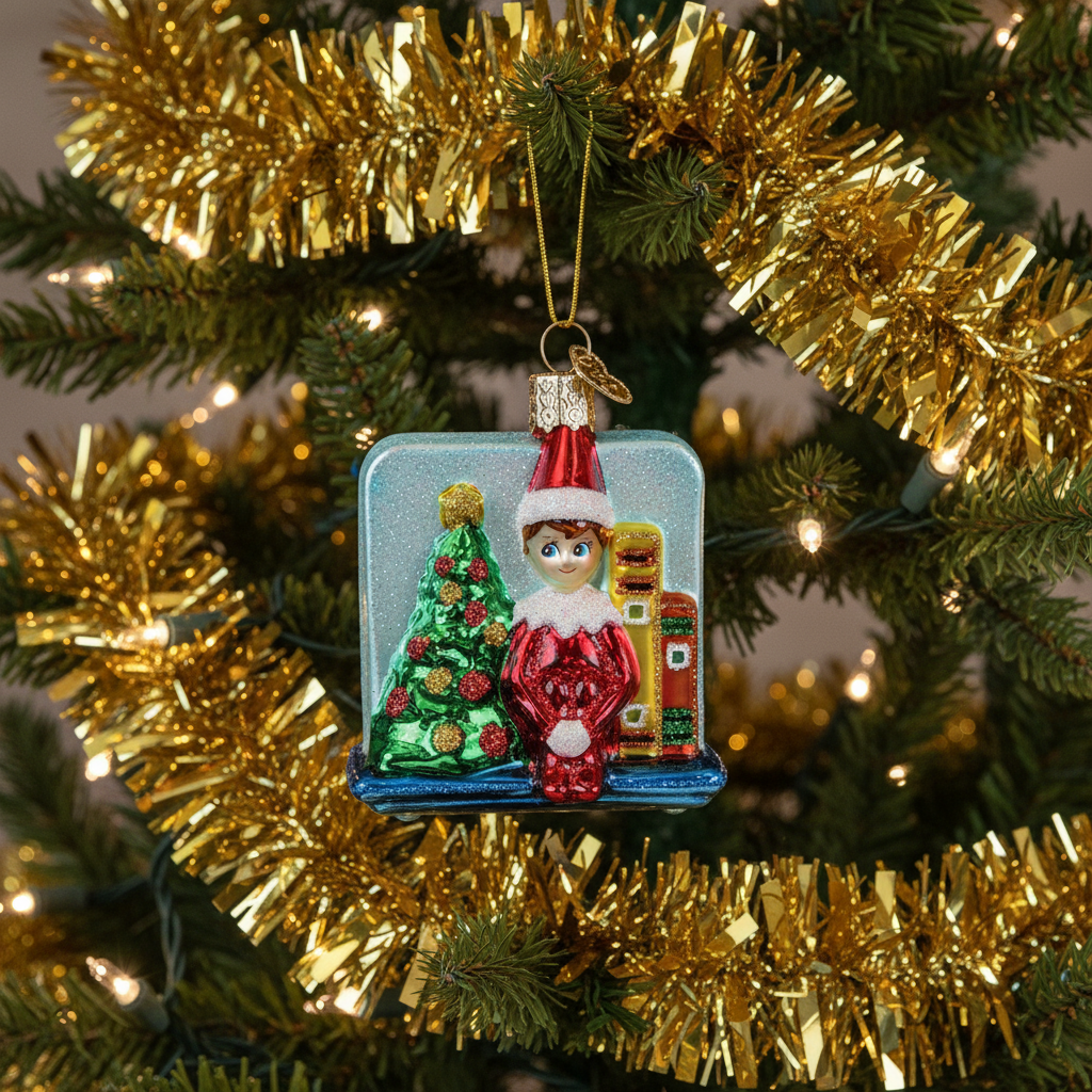 Christmas ornament of an elf by a decorated tree with gold tinsel