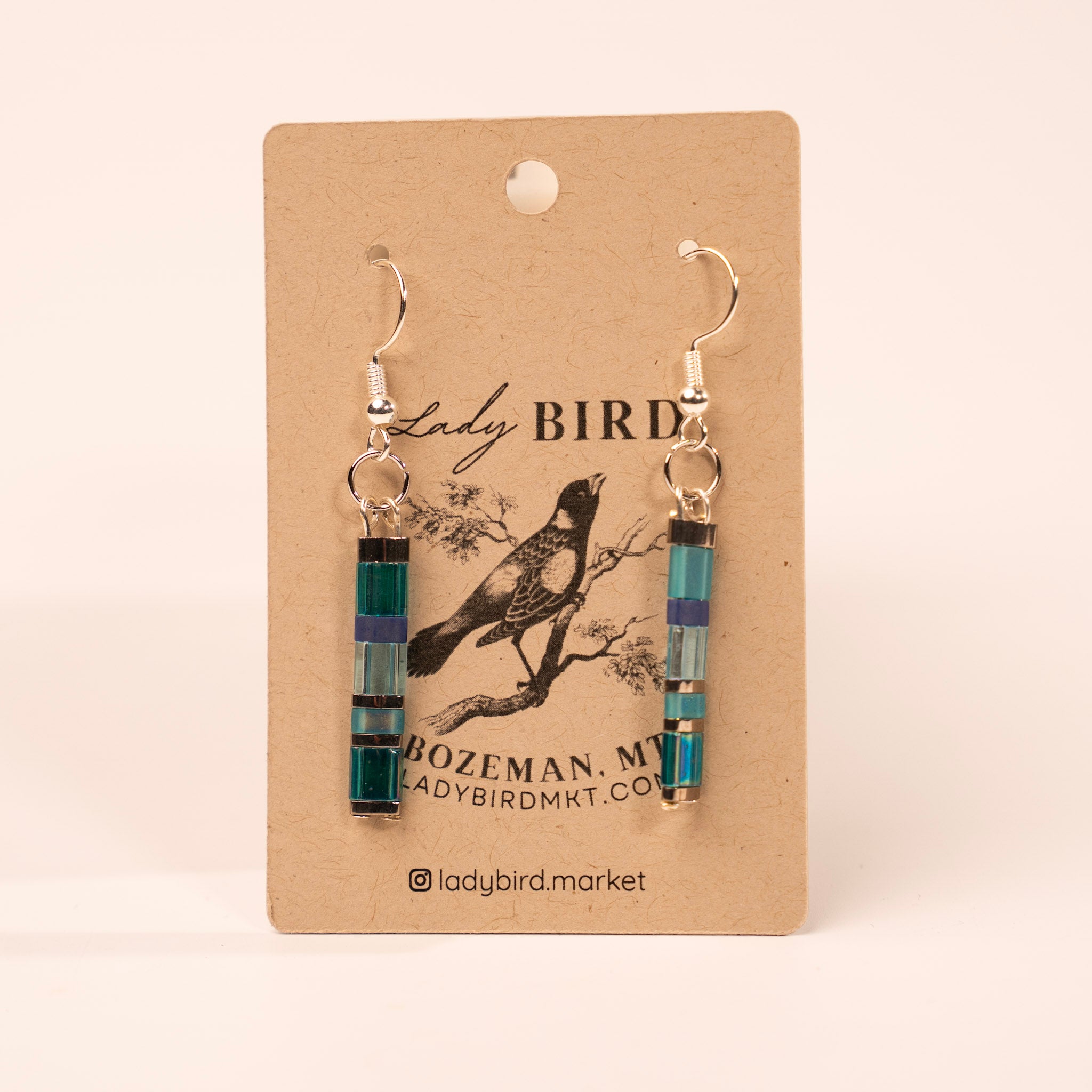 Sea Glass Blue and Silver Tila Bead Earrings - close up