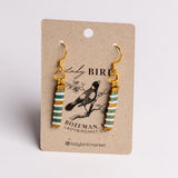 Shiny Green and White Striped Gold Tile Bead Dangle Earrings by Lady Bird Market