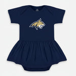 Navy baby romper with a logo on a white background