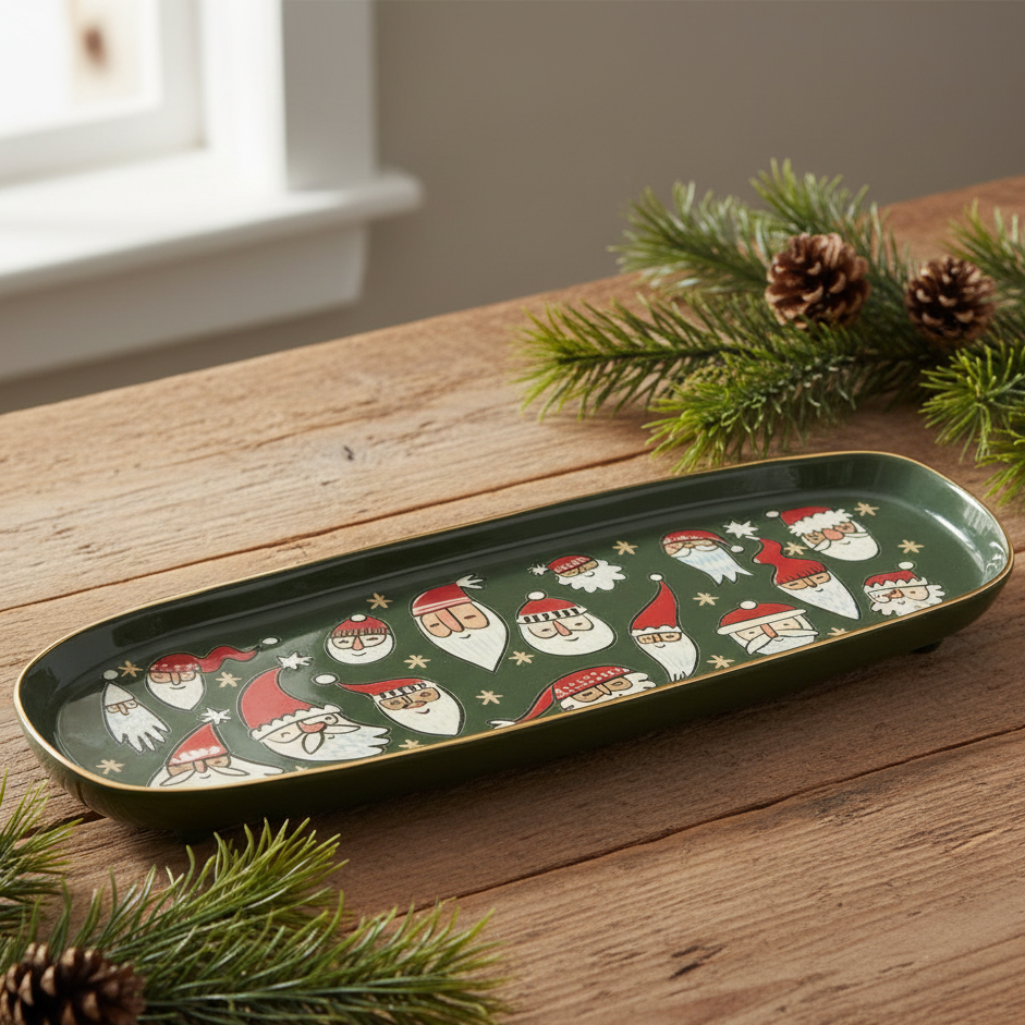 Decorative tray with Christmas-themed design on a wooden surface with greenery and pinecones.