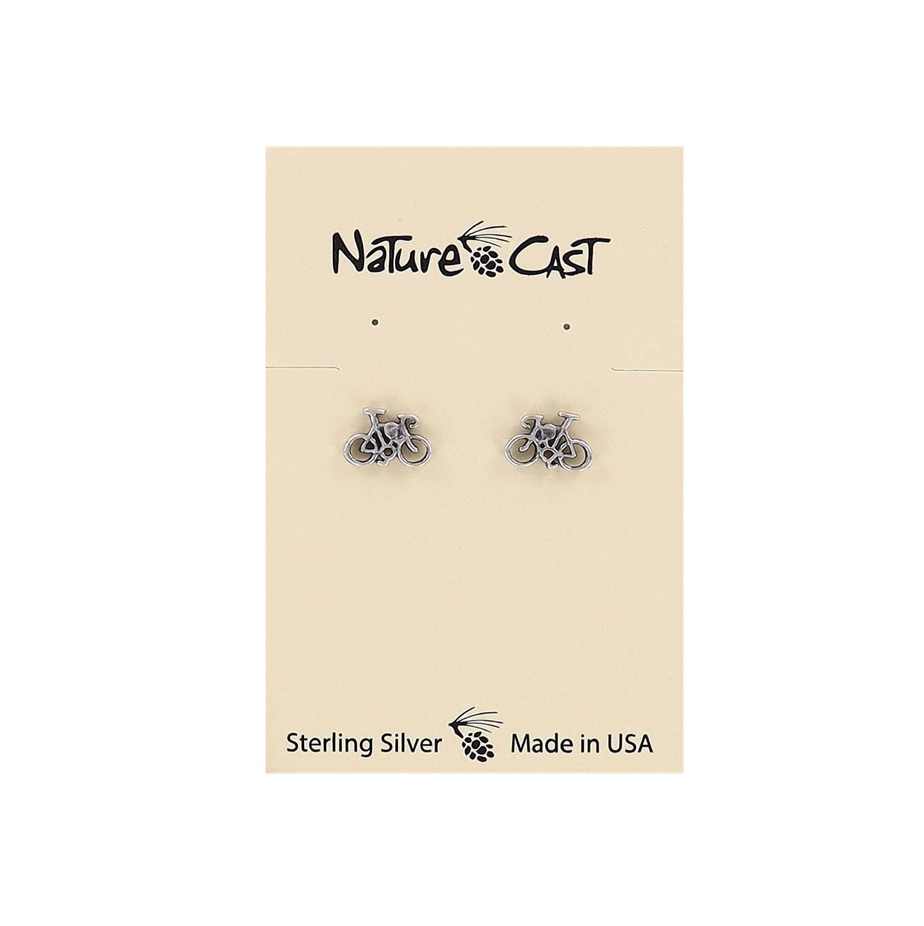Pair of silver earrings on a 'Nature Cast' branded card with 'Sterling Silver Made in USA' text.