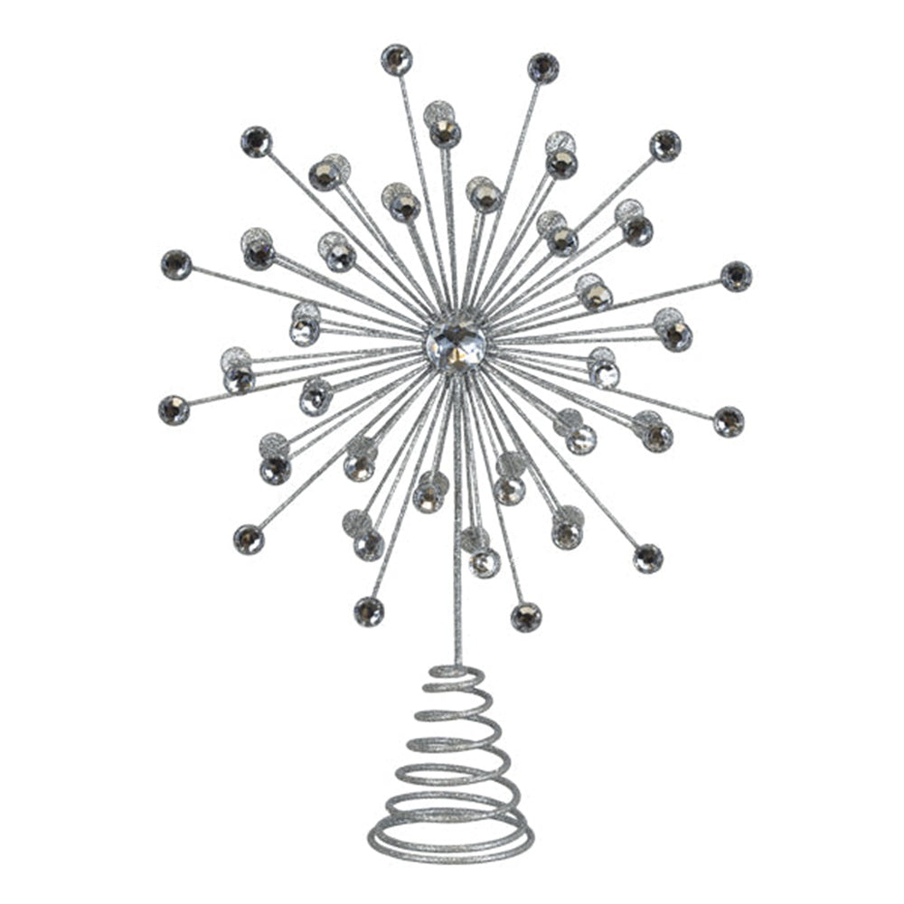 A silver metal tree topper with a spiral spring base and multiple thin spires ending in small round crystal-like beads, shown on a plain white background.