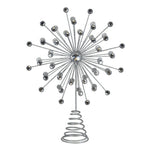 A silver metal tree topper with a spiral spring base and multiple thin spires ending in small round crystal-like beads, shown on a plain white background.