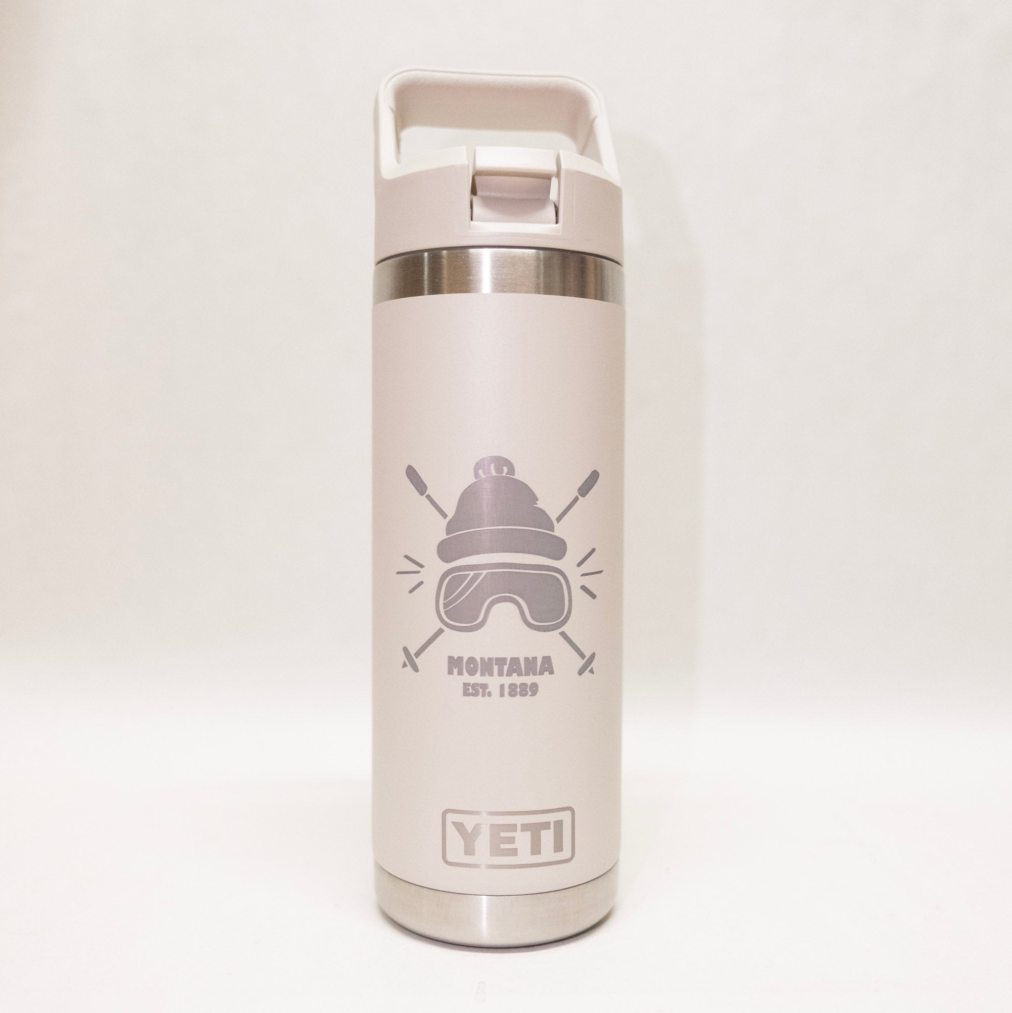 White YETI insulated bottle with a logo on a white background