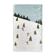 Tea towel with skiers and trees design on a white background