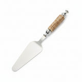 A cake or cheese server with a brushed silver metal blade, a light brown wood handle, and silver-toned metal accents, resting on a white surface.