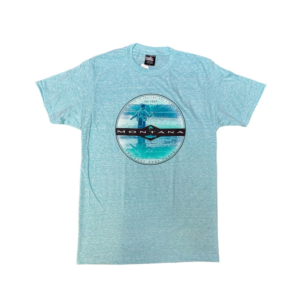 Snow Aqua Grey Goose Fly Fisherman Montana T-Shirt by Prairie Mountain (5 sizes)